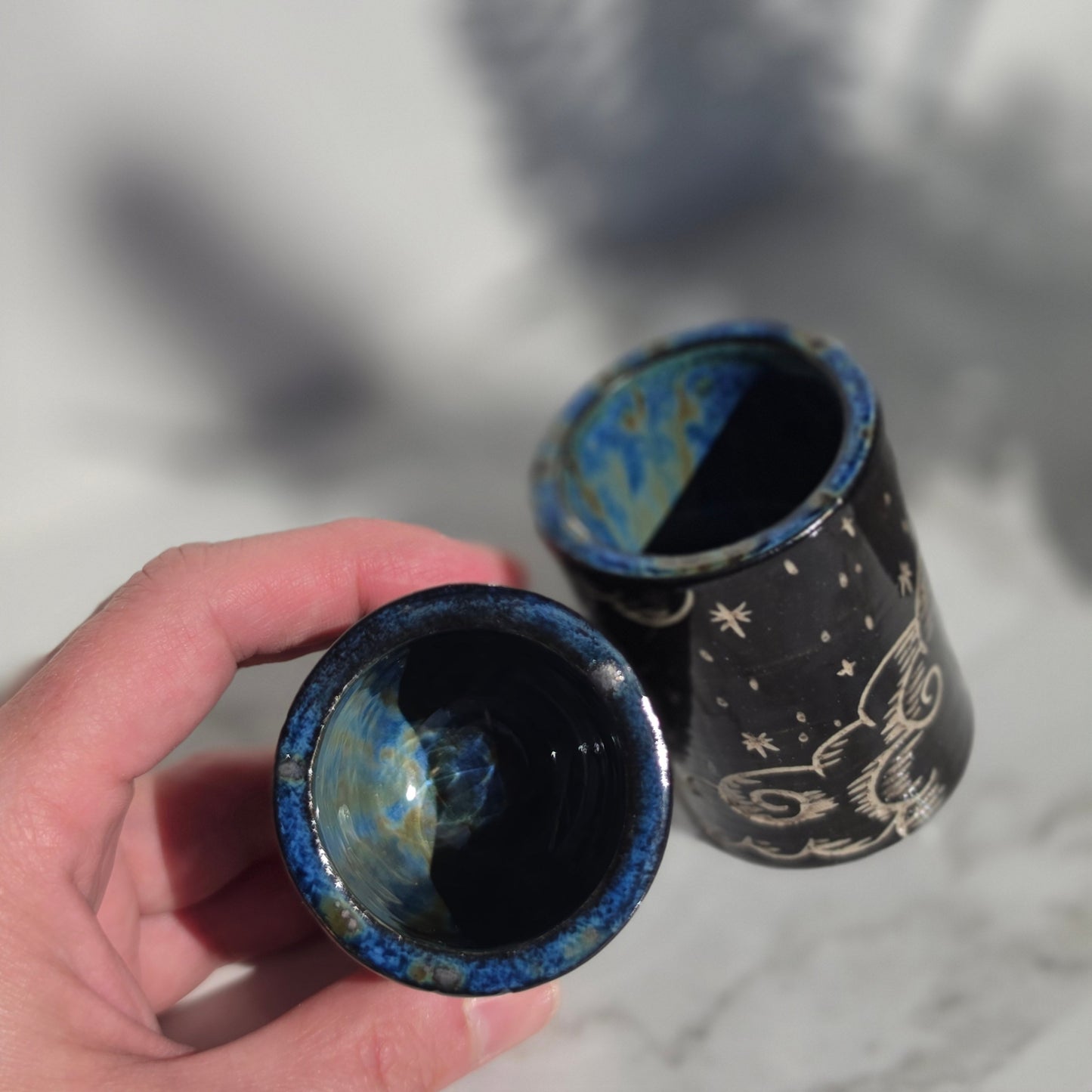 Hand-Carved Celestial Shot Glass Pair