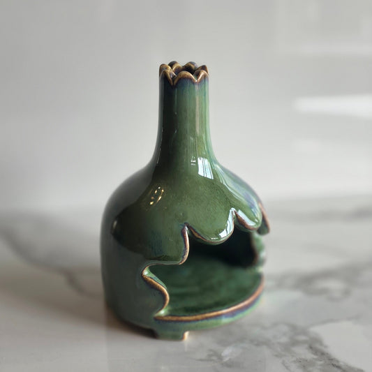 Handcrafted Green Ceramic Mini Chiminea – Scalloped Fluted Palo Santo Burner