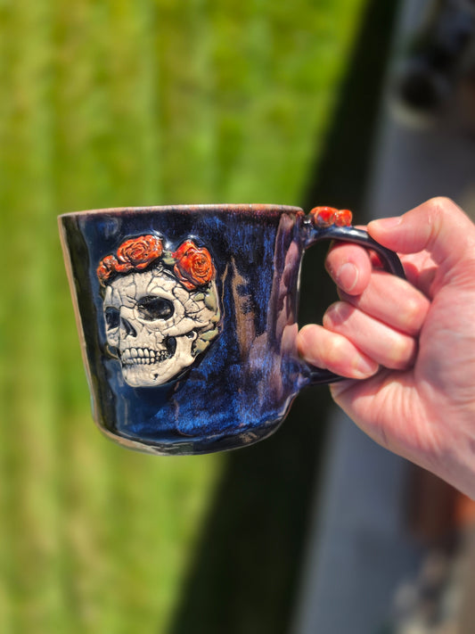 Gothic Elegance - Raised Skull and Rose Clay Mug