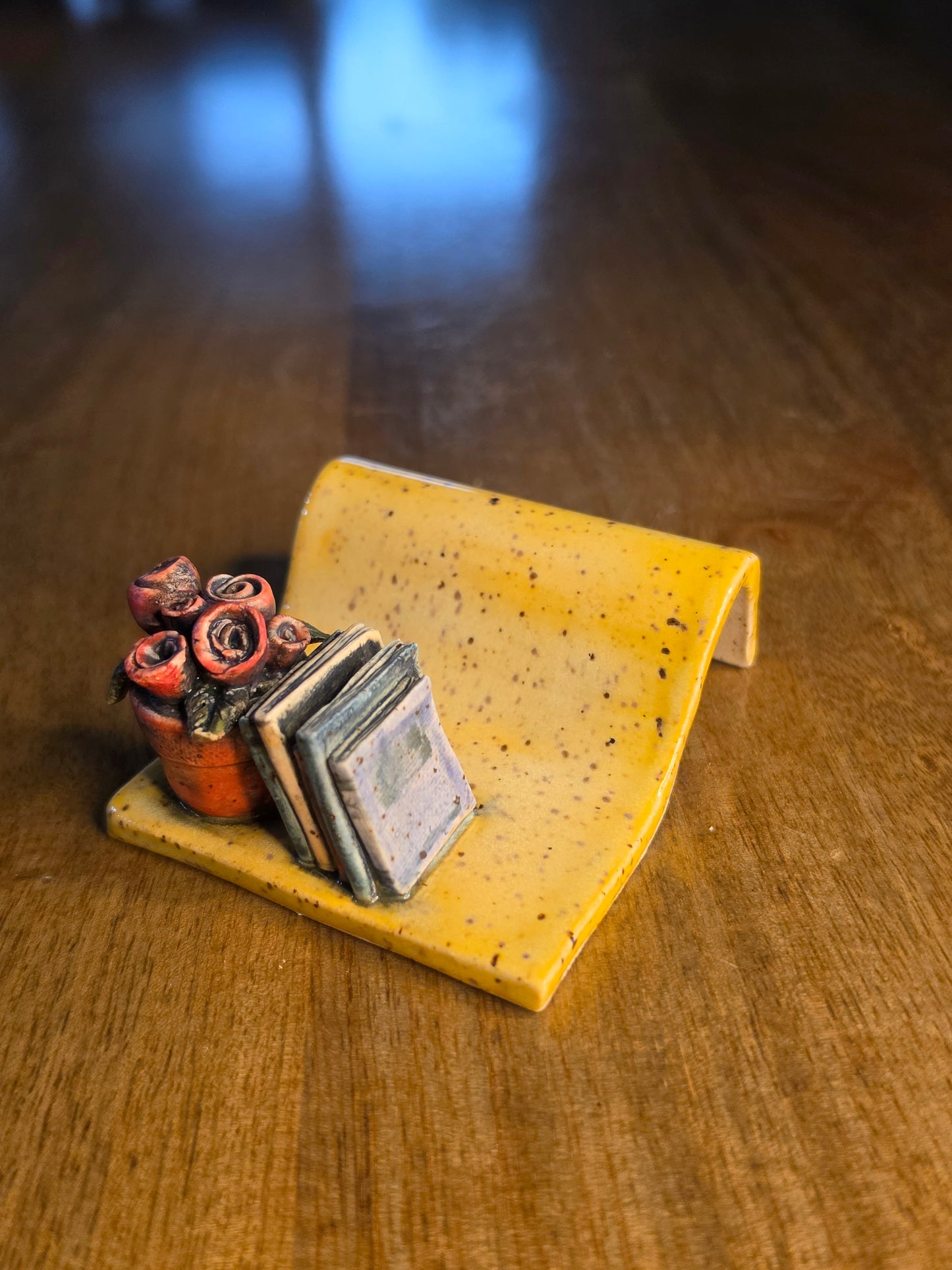 The Cozy Nook: Handmade Ceramic Book & Rose Business Card Holder
