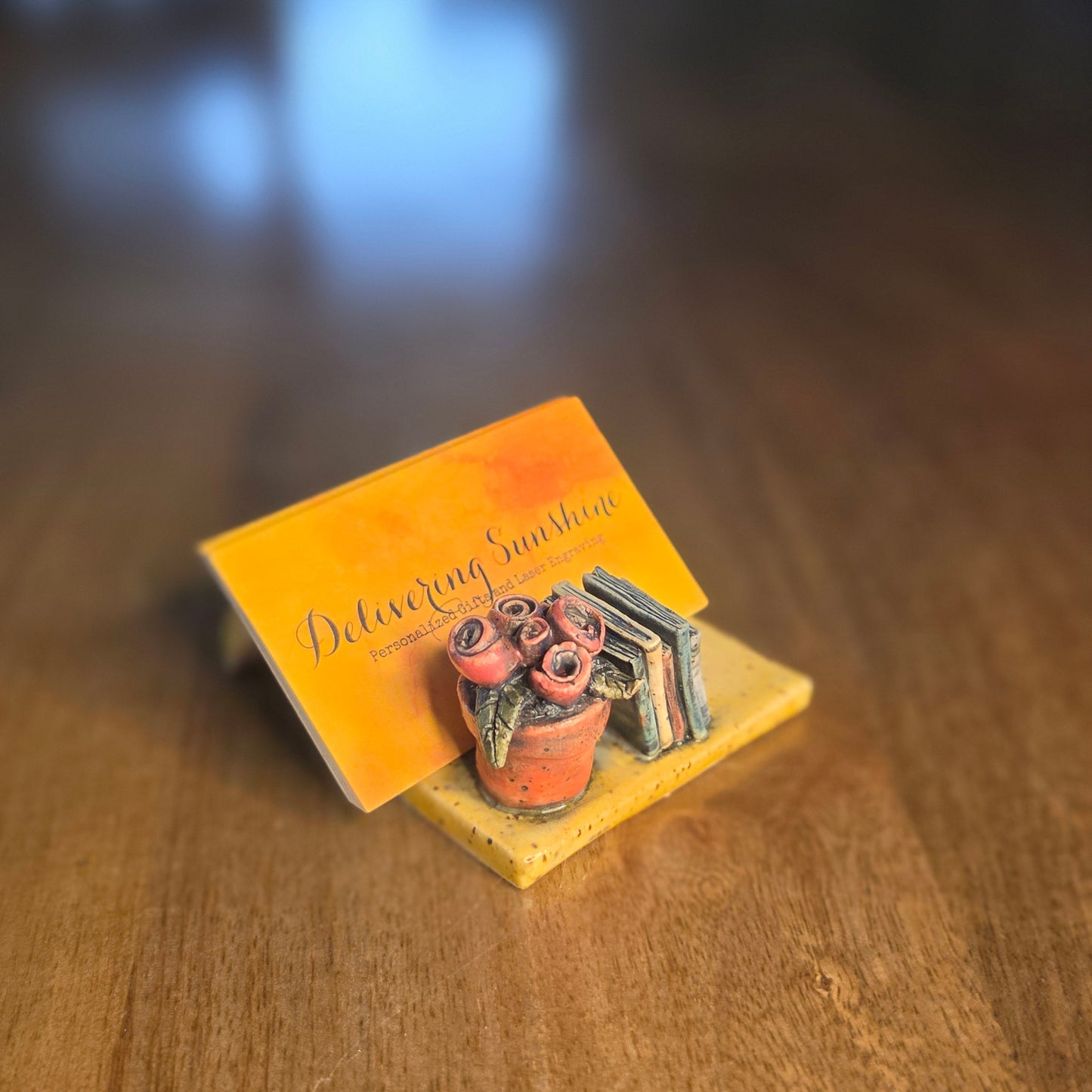 The Cozy Nook: Handmade Ceramic Book & Rose Business Card Holder