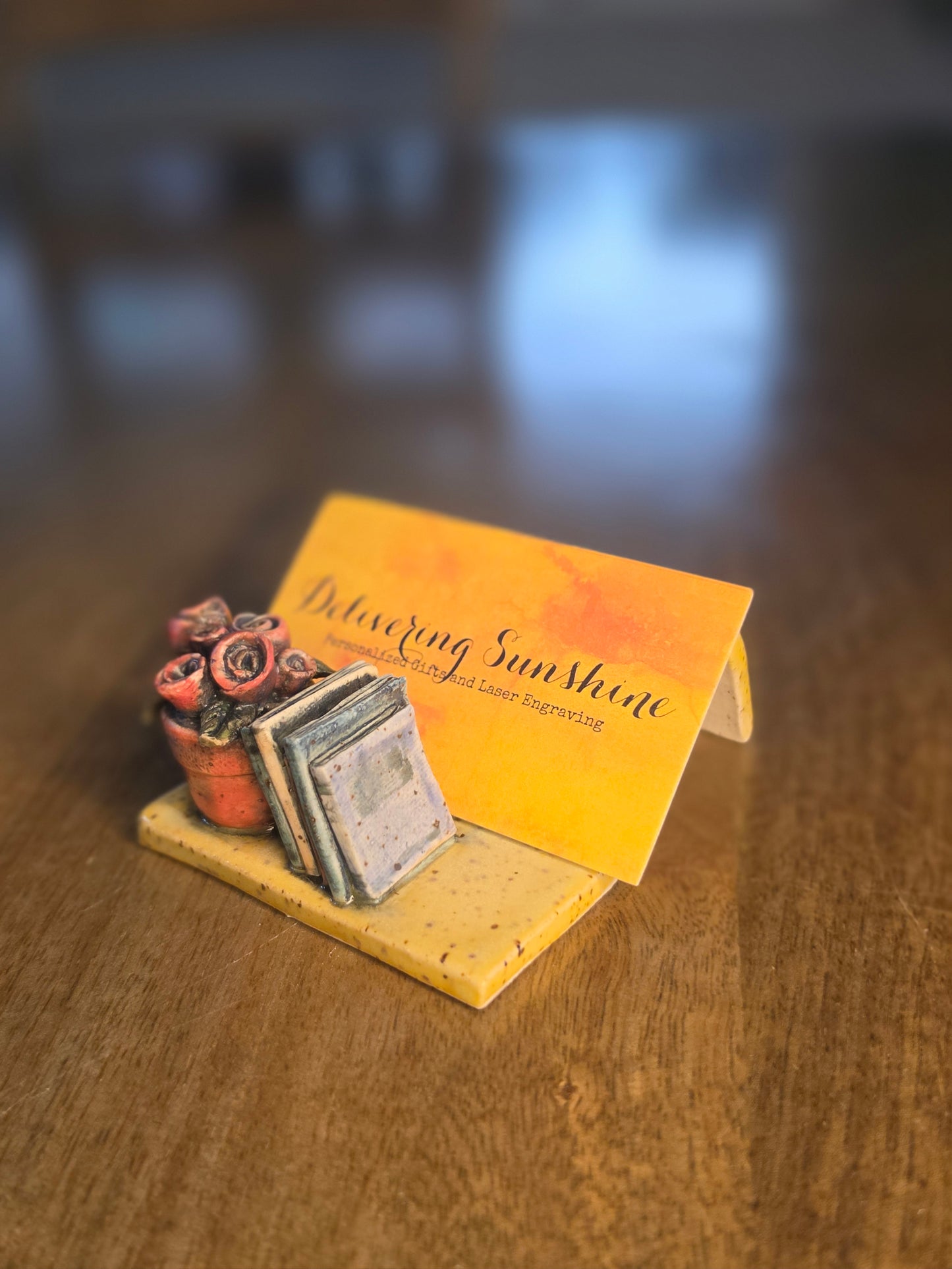 The Cozy Nook: Handmade Ceramic Book & Rose Business Card Holder